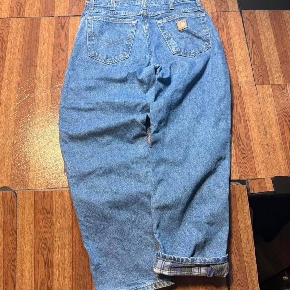 Carhartt Blue Wash Plaid Flannel Lined Workwear Carpenter Jean Pants Fits 30
